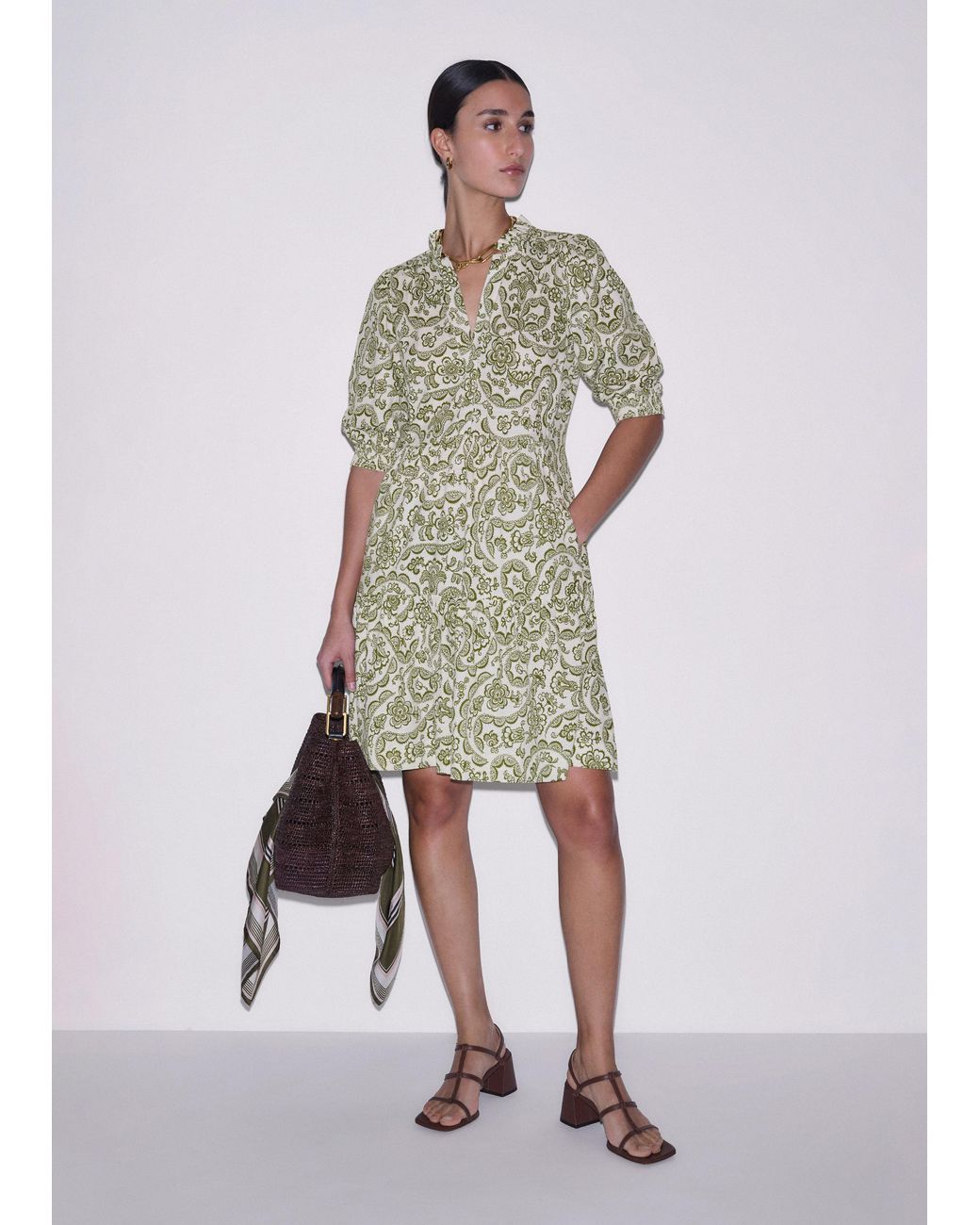 ME+EM Green Entangled Lace Print Tiered Short Dress