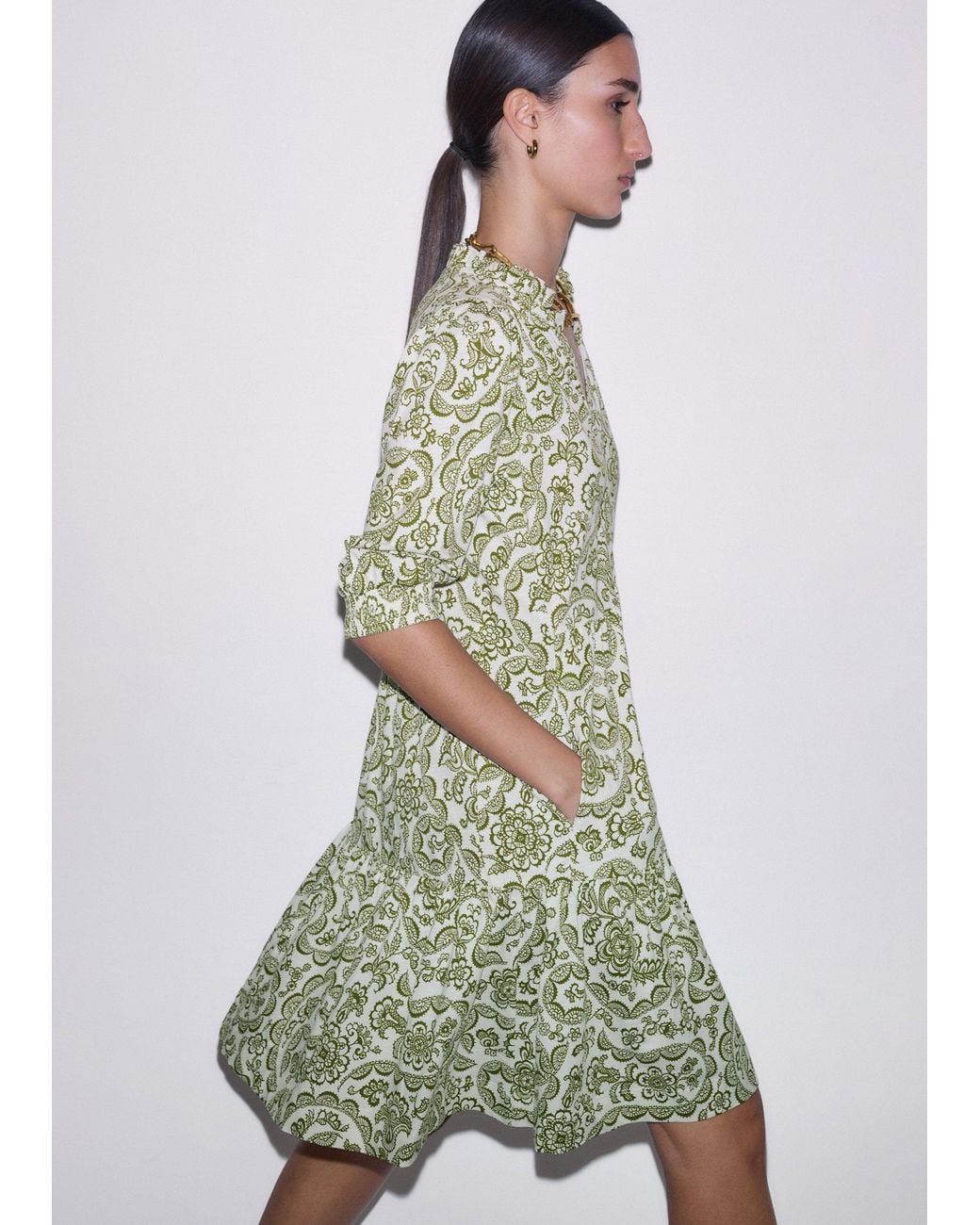 ME+EM Green Entangled Lace Print Tiered Short Dress