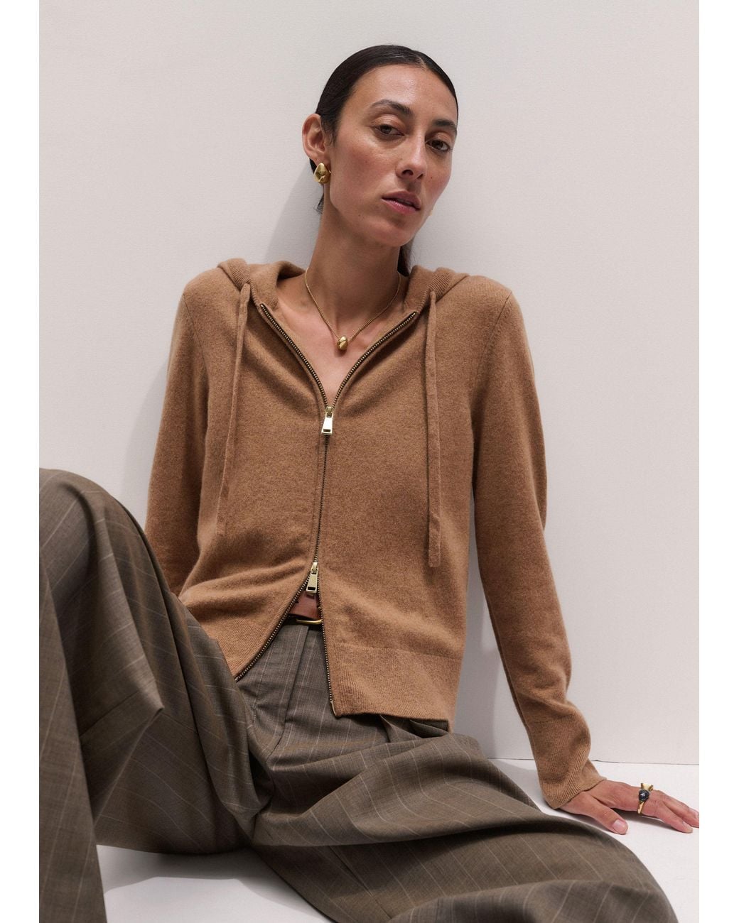 ME+EM Brown Cashmere Two Way Zip Straight Hoody Camel Melange