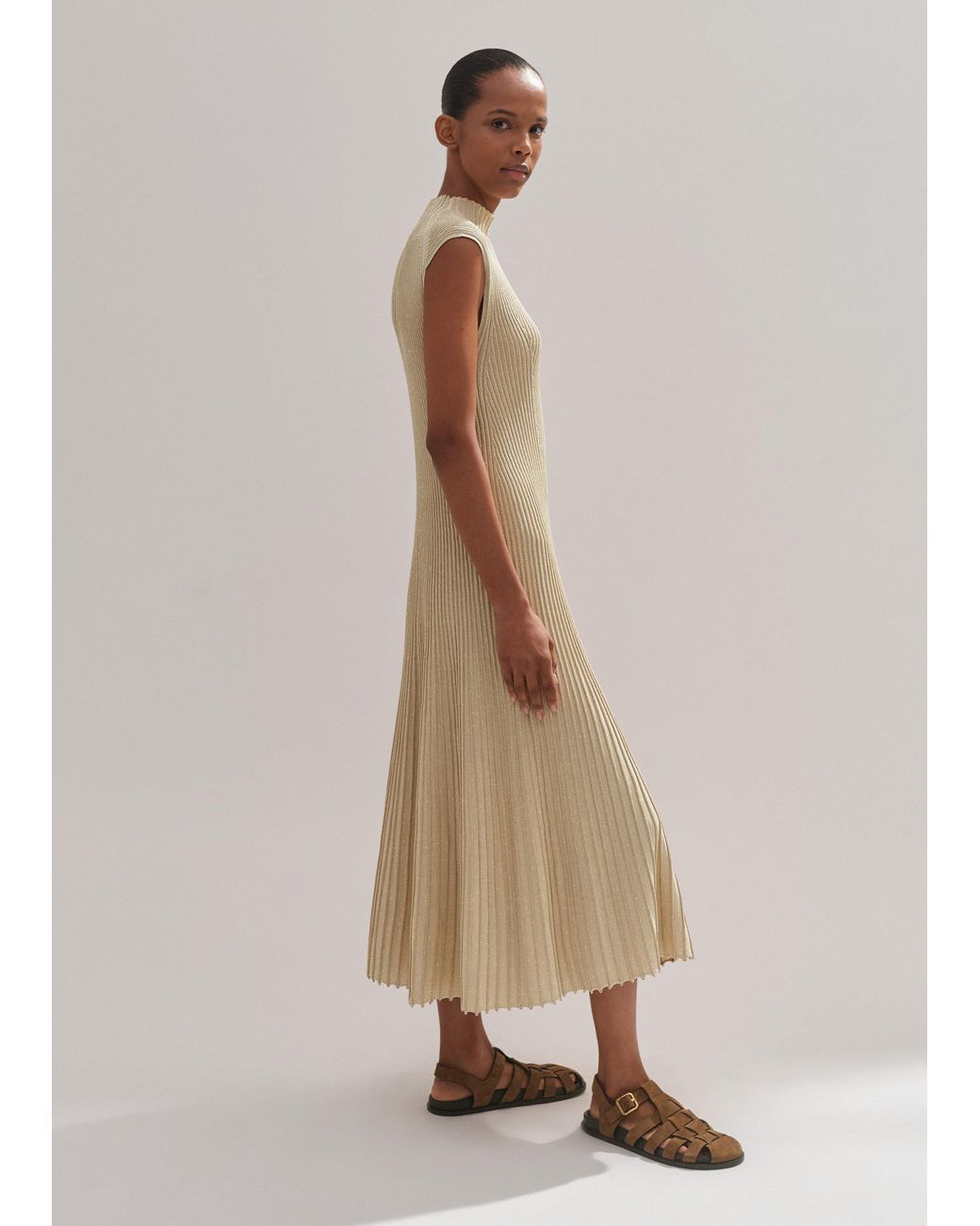 me and em metallic dress ME+EM Fashioned Rib Metallic Fit And Flare Midi Dress in Natural