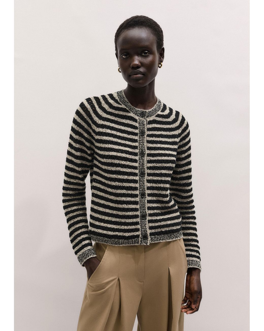 ME+EM Black Textured Stripe Cardigan-Cream