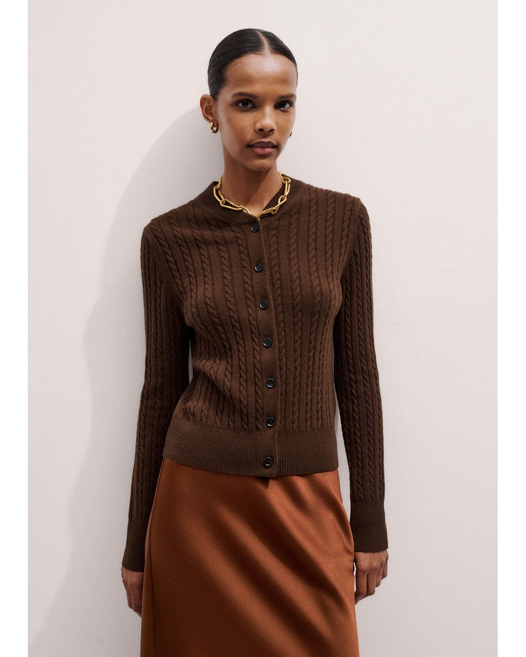 ME+EM Brown Merino Cashmere Micro Cable Cardigan