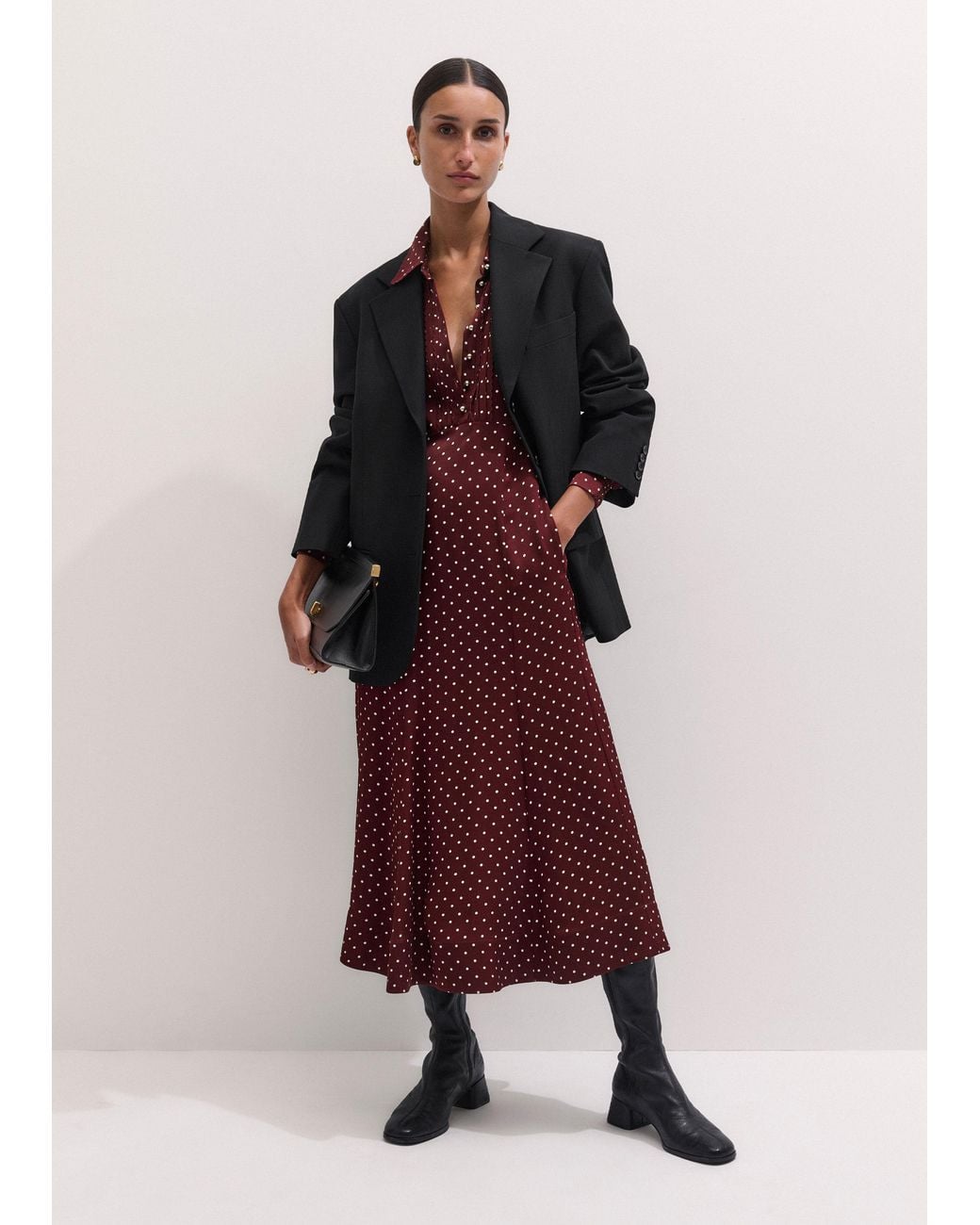 ME+EM Purple Winter Polka Dot Print Fit And Flare Midi Dress Wine-Cream