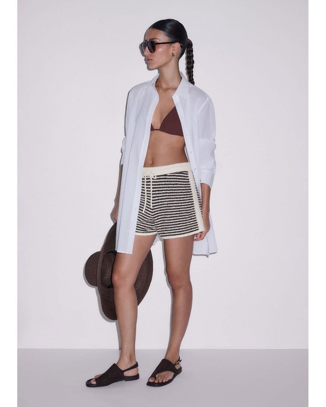 ME+EM Multicolor Textured Micro Stripe Knit Shorts Cocoa-Cream