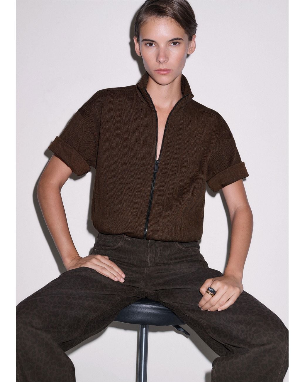 ME+EM Brown Relaxed Zip Through Top-Chocolate