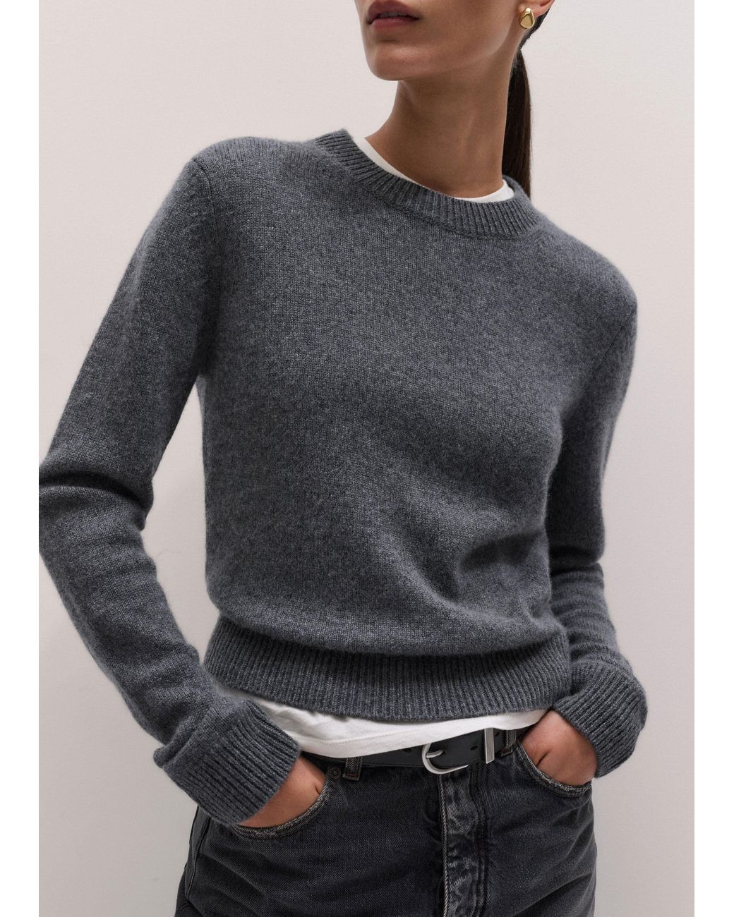 ME+EM Blue Cashmere Crew Neck Crop Jumper Mid Melange