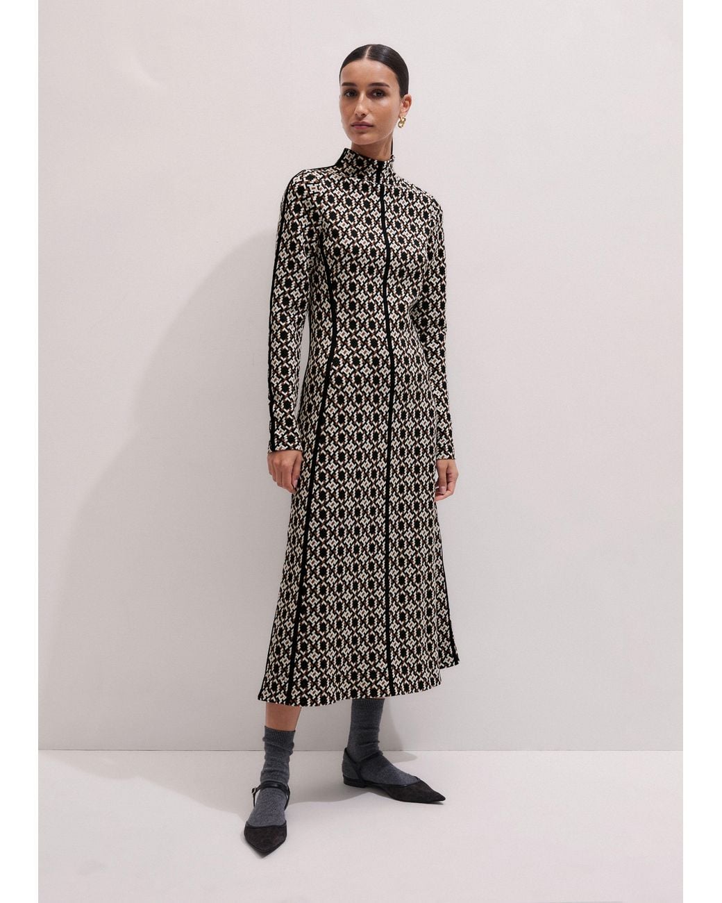 ME+EM Blue Graphic Jacquard Fit And Flare Midi Dress