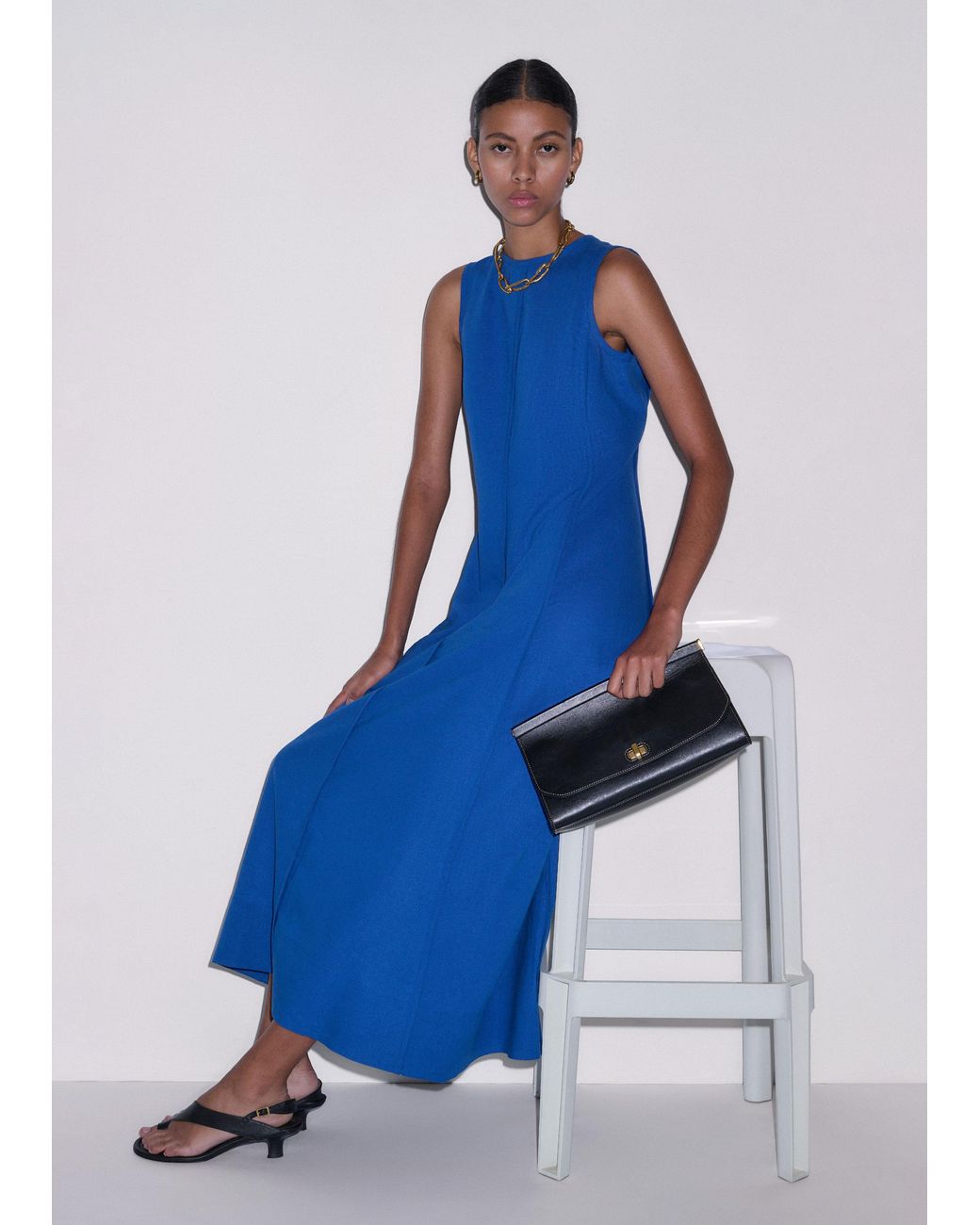 ME+EM Blue Creaseless Linen Effortless Summer Maxi Dress