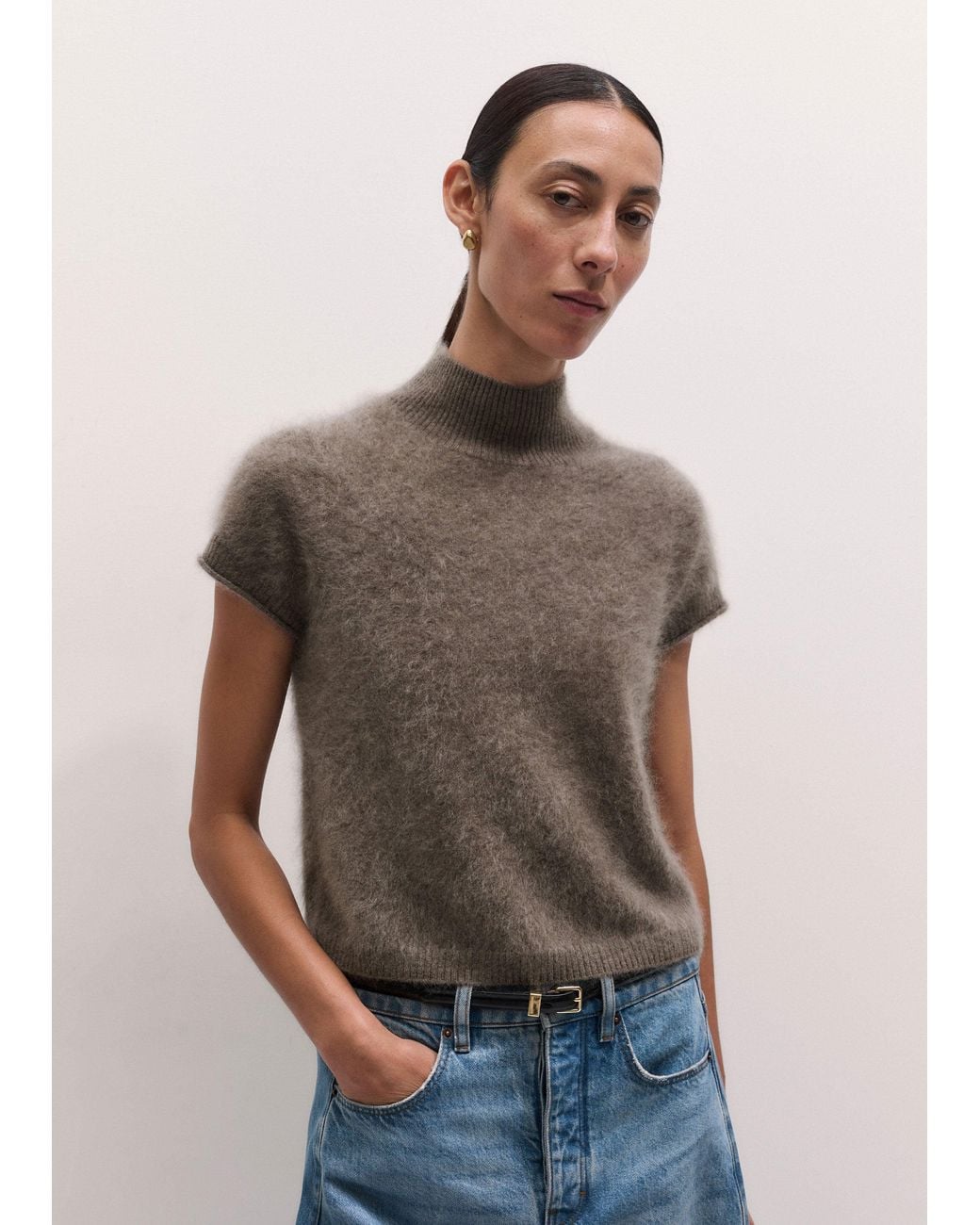 ME+EM Multicolor Brushed Cashmere High Neck Knit Baby Tee Heather Melange