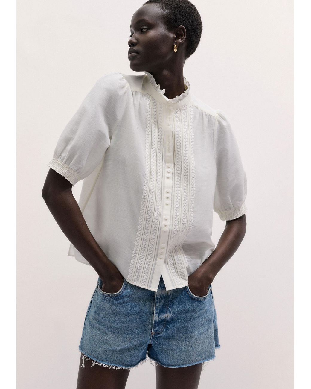 ME+EM Multicolor Silk Cotton Trim & Pintuck Detail Straight Blouse