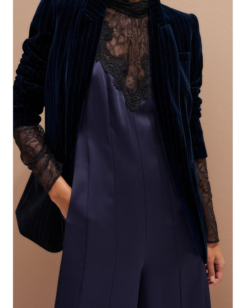 ME+EM Blue Lace + Satin Back Crepe Wideleg Jumpsuit + Belt