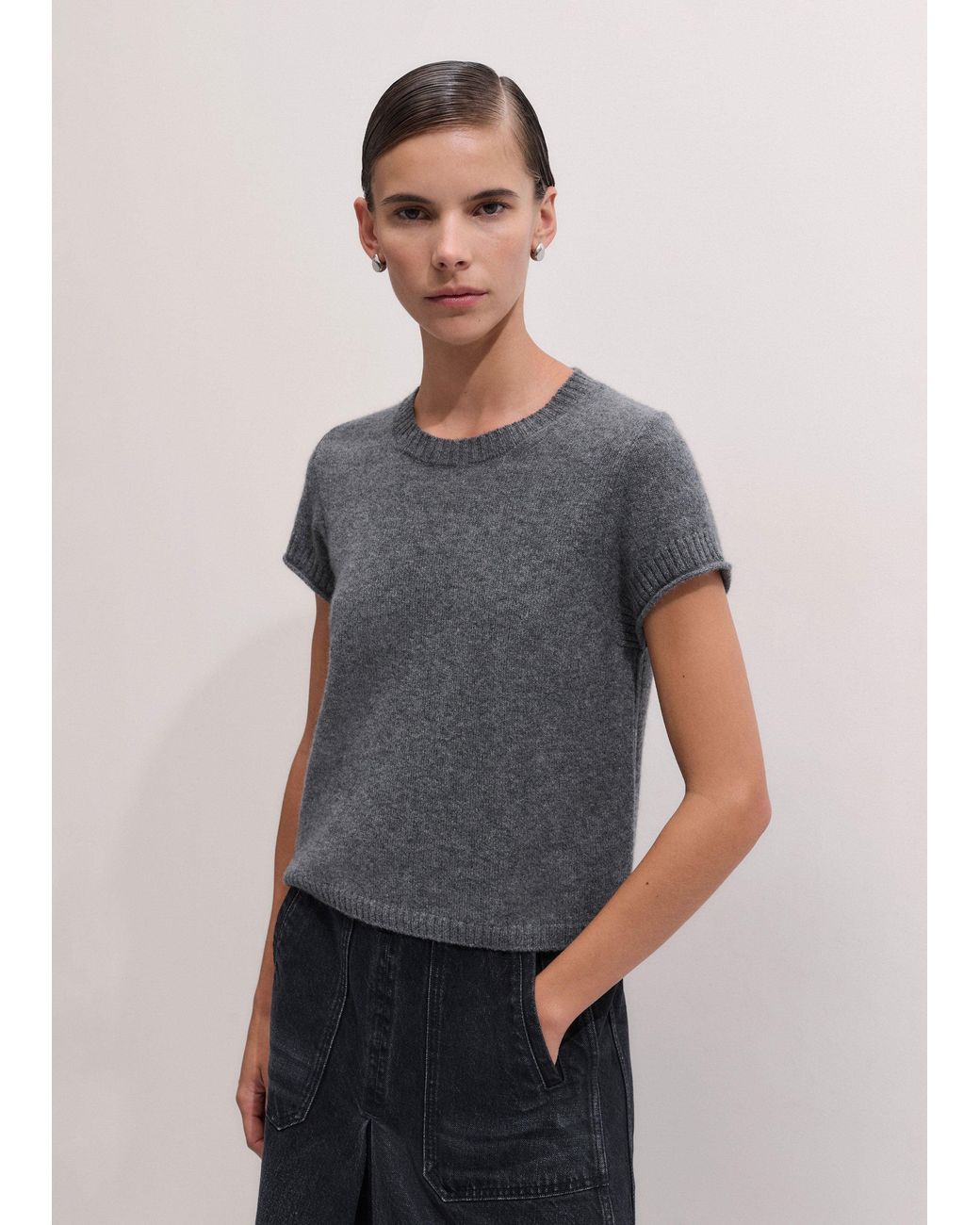 ME+EM Gray Cashmere Shrunken Knit Baby Tee Mid Melange