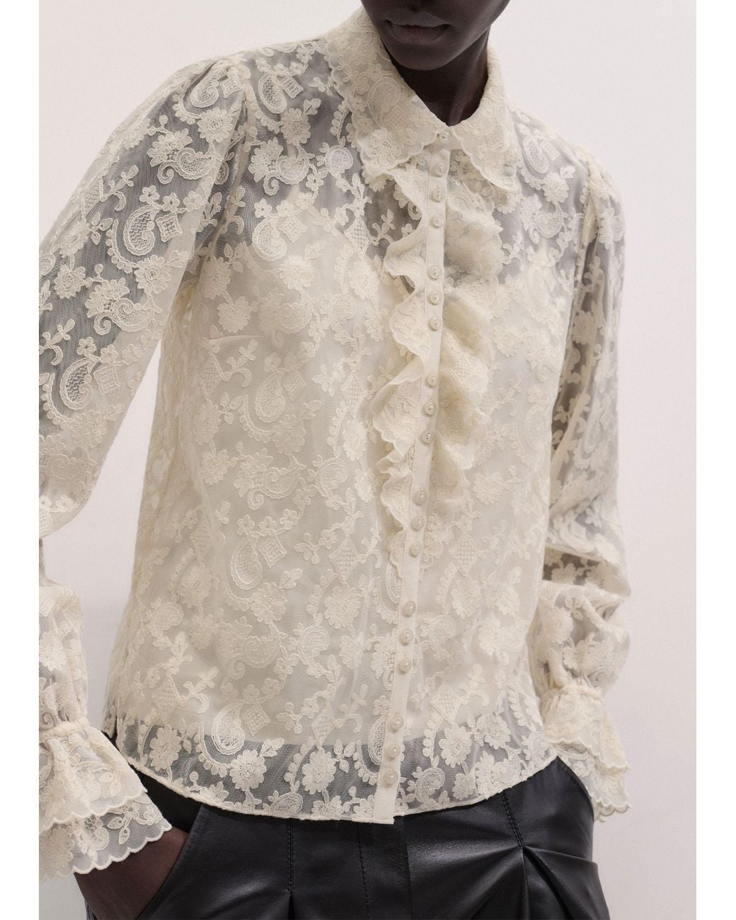 ME+EM Natural Embroidered Tulle Ruffle Blouse + Cami