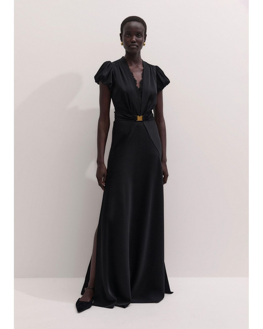 ME+EM Black Satin Draped Evening Full Length Dress + Modesty Panel