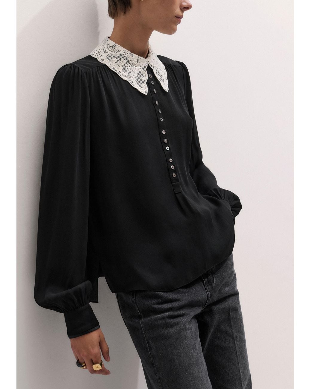 ME+EM Black Lace Collar Blouse-Light Cream