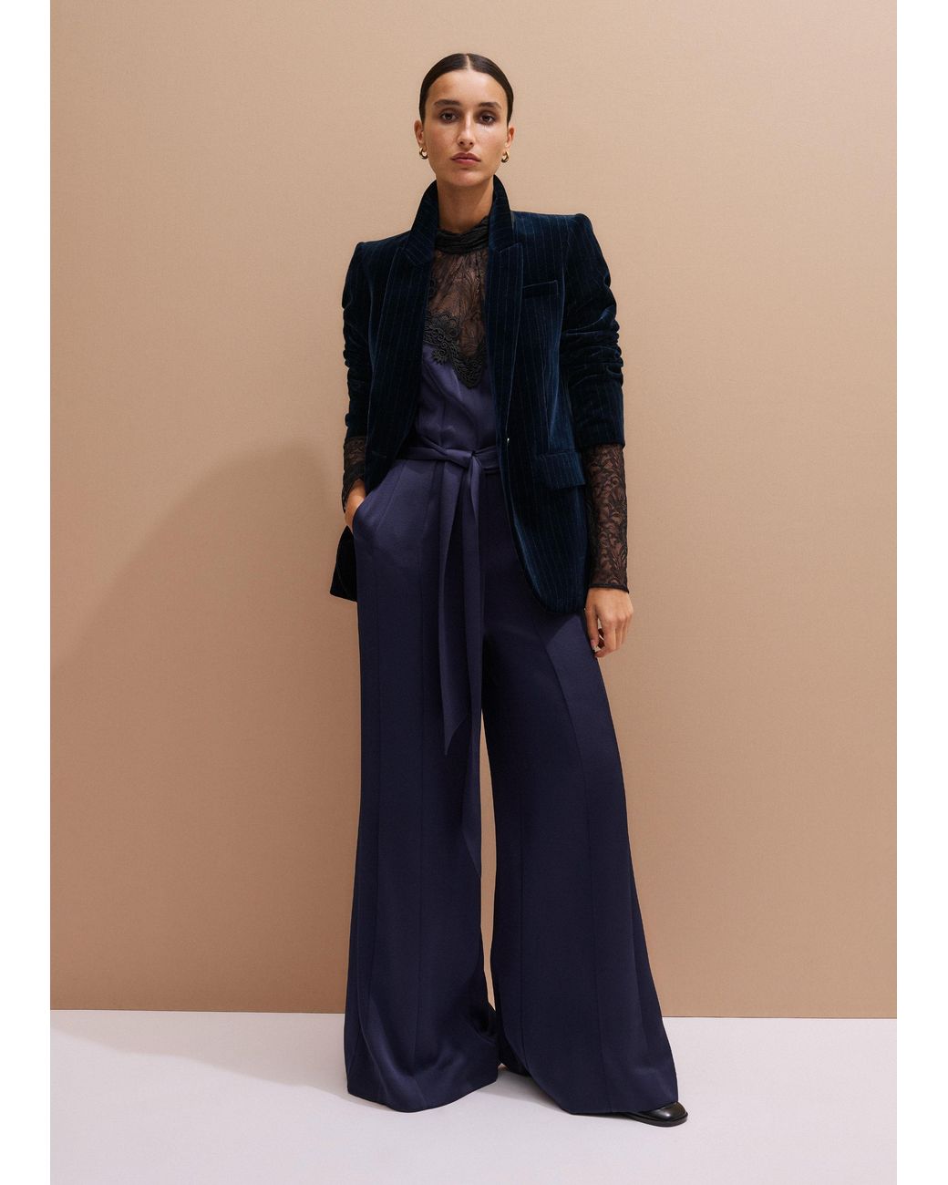ME+EM Blue Lace + Satin Back Crepe Wideleg Jumpsuit + Belt