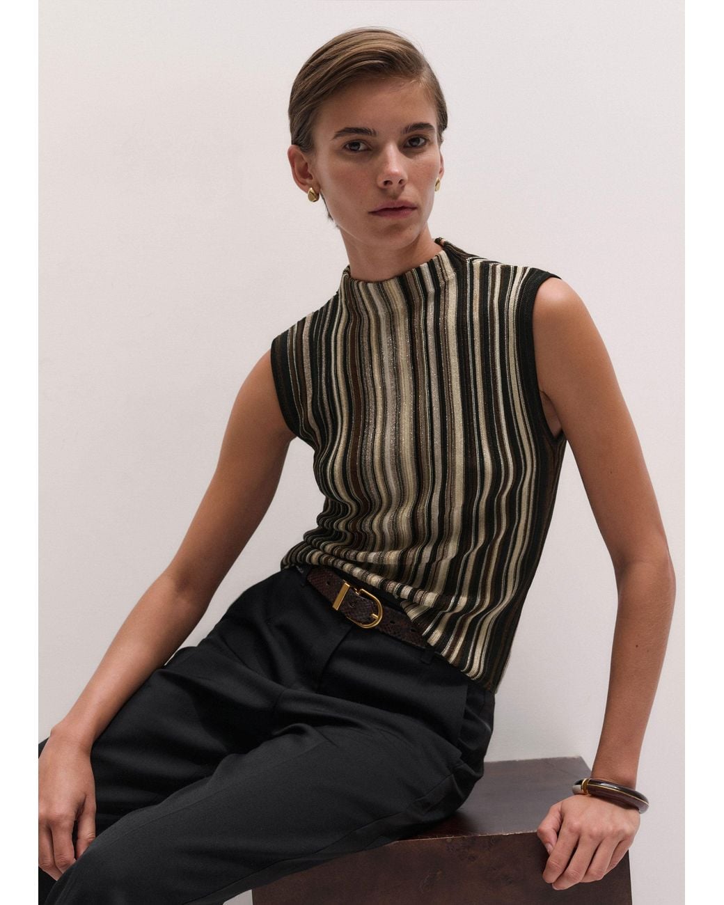 ME+EM Black Fine Metallic Stripe Slim Knit Top