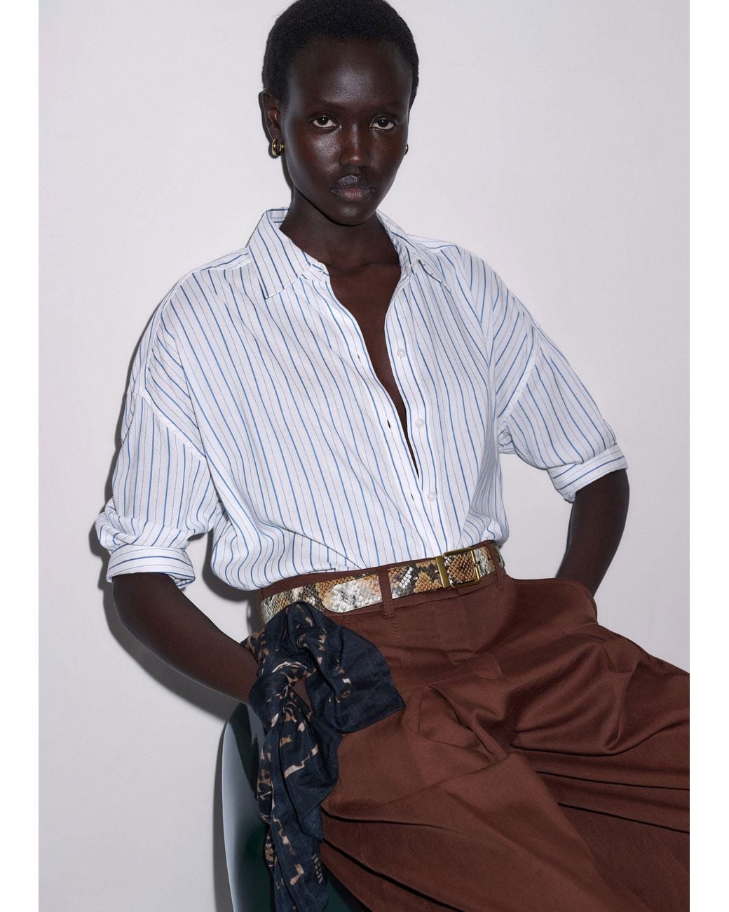 ME+EM White Boxy Three Quarter Sleeve Striped Shirt
