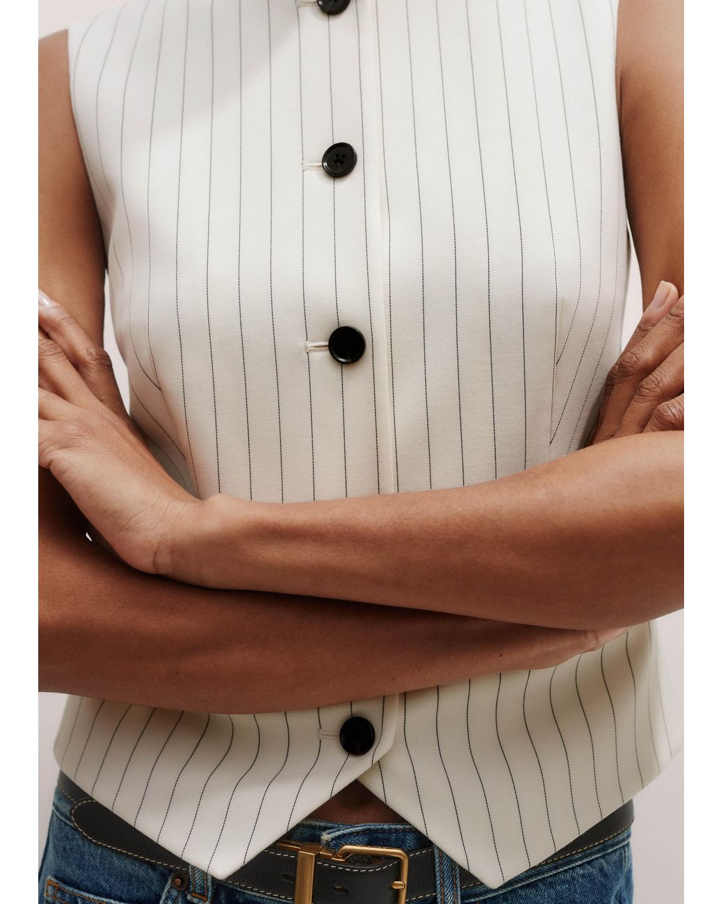 ME+EM Natural Round Neck Pinstripe Waistcoat