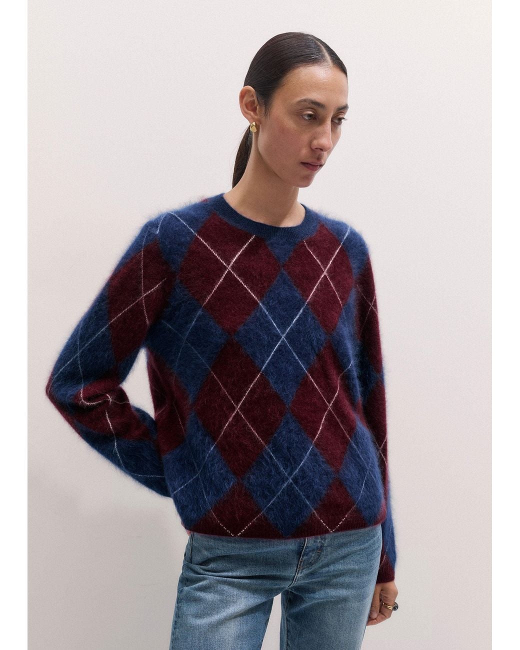ME+EM Blue Graphic Argyle Brushed Cashmere Jumper Bright-Merlot