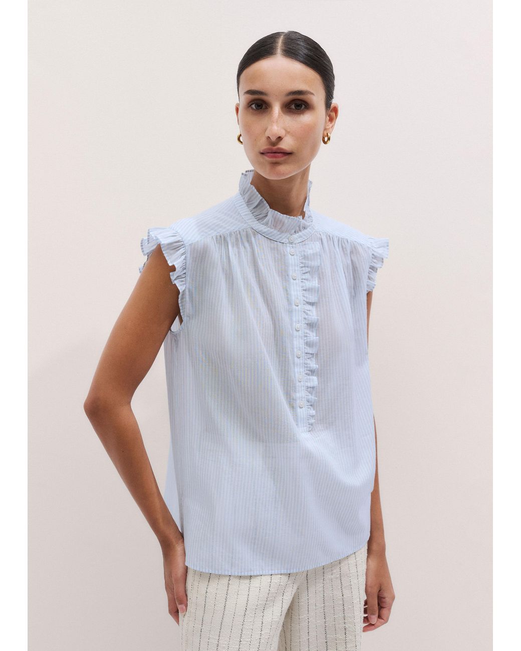 ME+EM Multicolor Cotton Voile Stripe Frill Sleeve Blouse