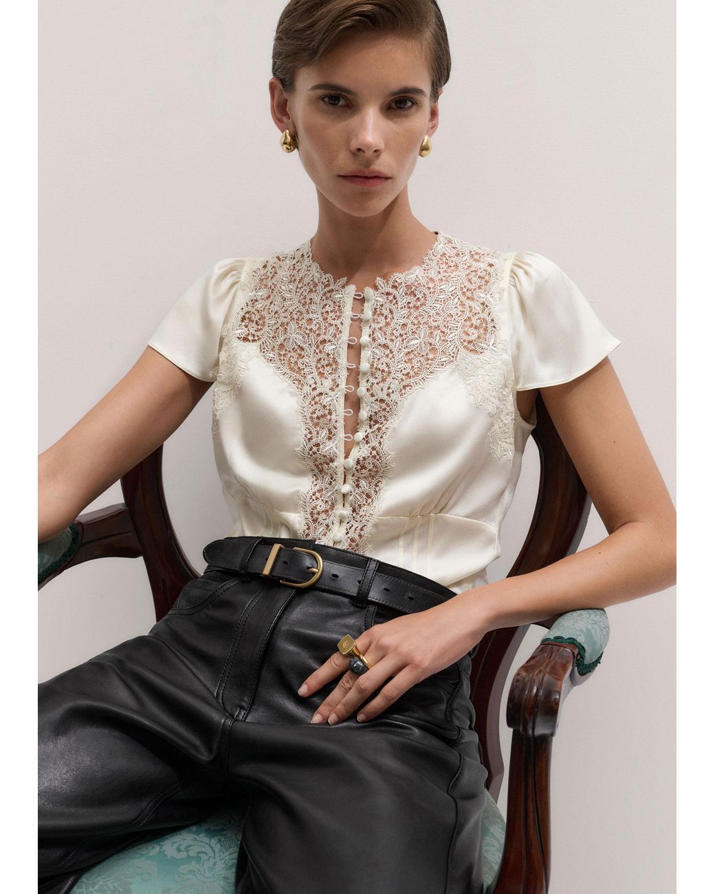 ME+EM Natural Silk Satin And Lace Cap Sleeve Top