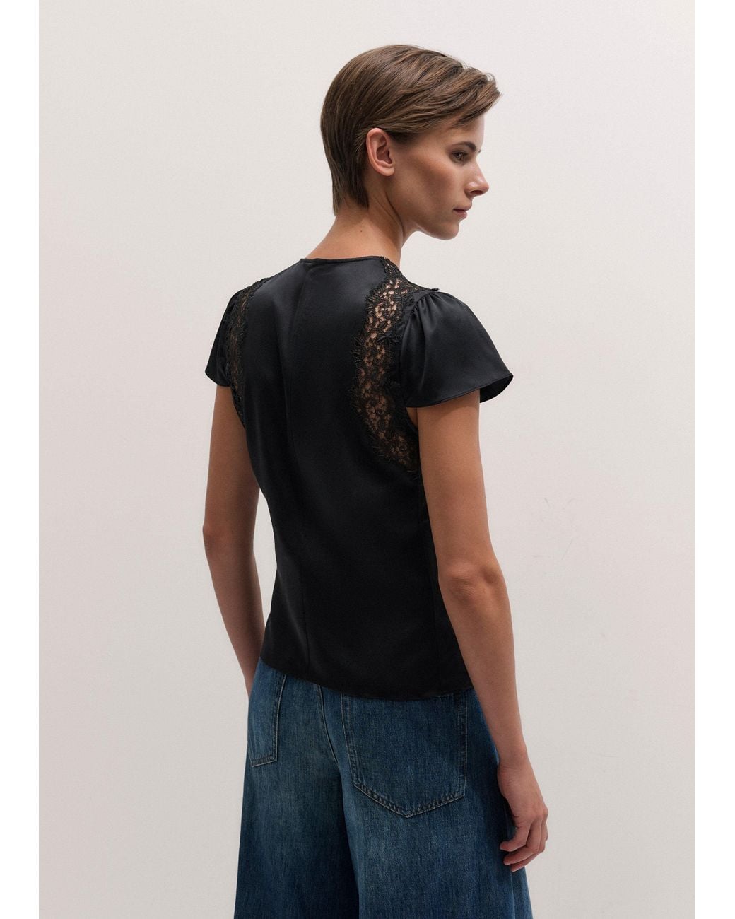 ME+EM Black Silk Satin And Lace Cap Sleeve Top