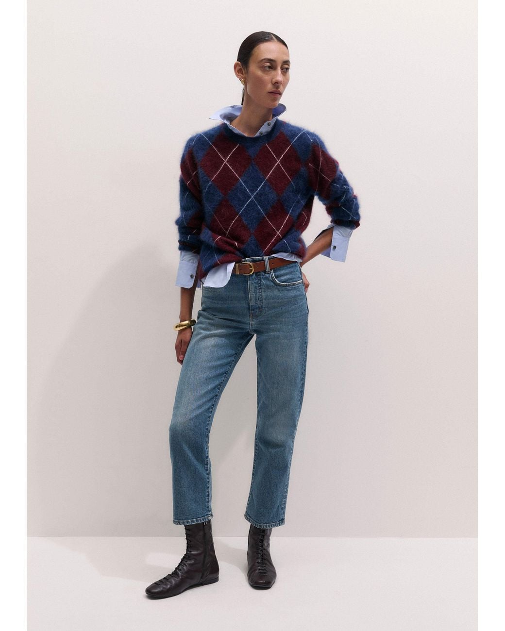 ME+EM Blue Graphic Argyle Brushed Cashmere Jumper Bright-Merlot