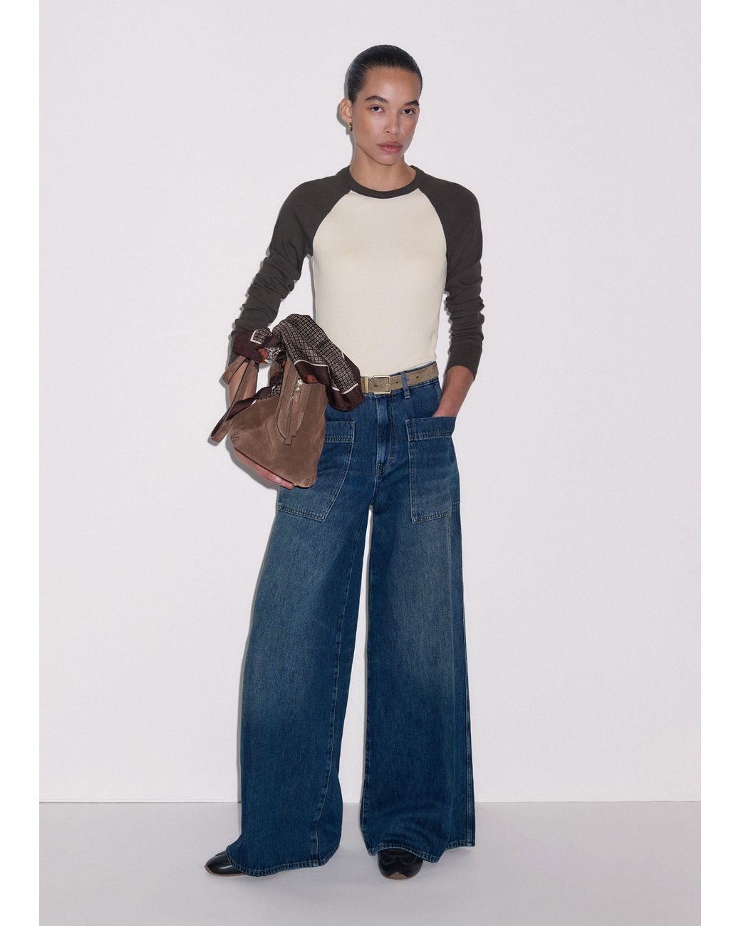 ME+EM Multicolor Ultimate Slim Baseball Top Autumn Ivory-Rich Melange