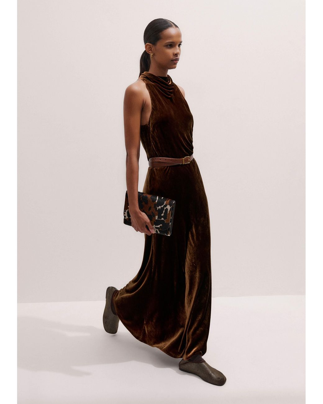 ME+EM Natural Silk Blend Velvet Draped Full Length Dress