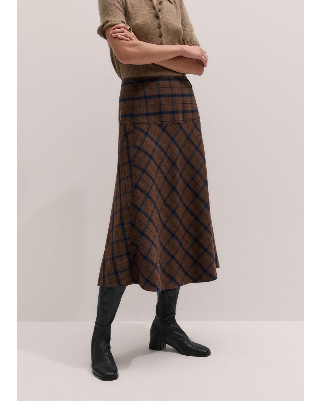 ME+EM Brown Check Fit And Flare Midi Skirt