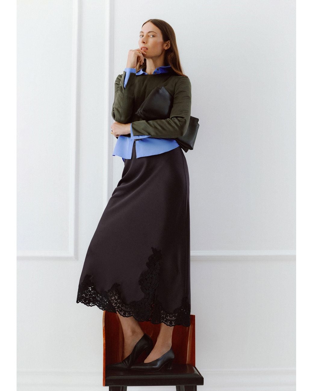 ME+EM Multicolor Satin Lace Maxi Skirt Dark Chocolate