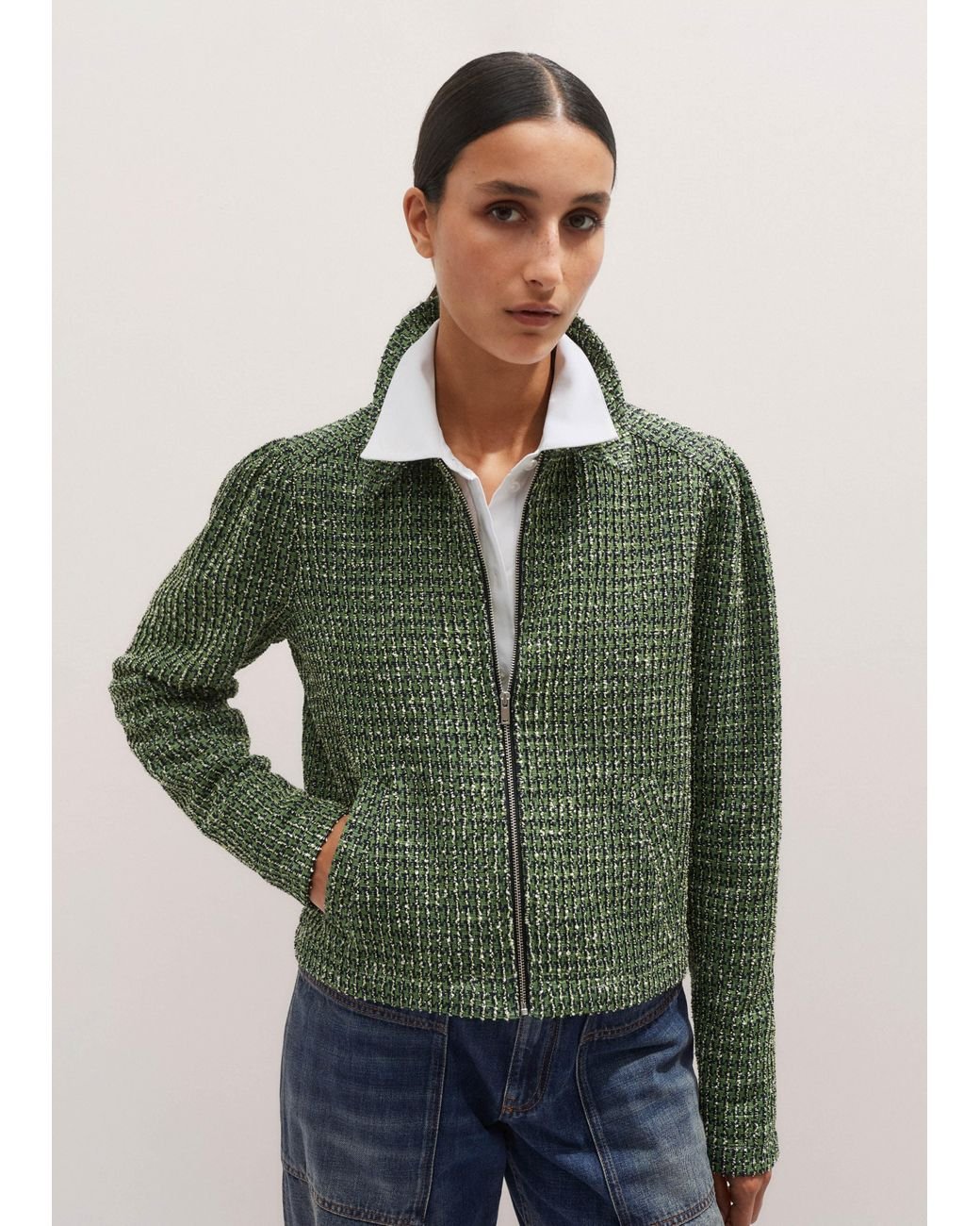 ME+EM Tweed Zip-Through Box Top in Green | Lyst