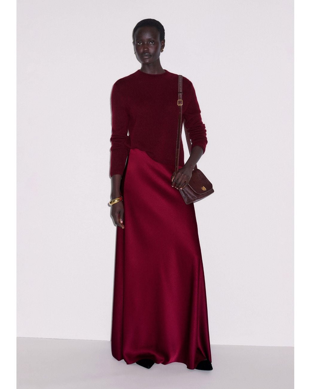 ME+EM Red Satin Bias Cut Full Length Skirt
