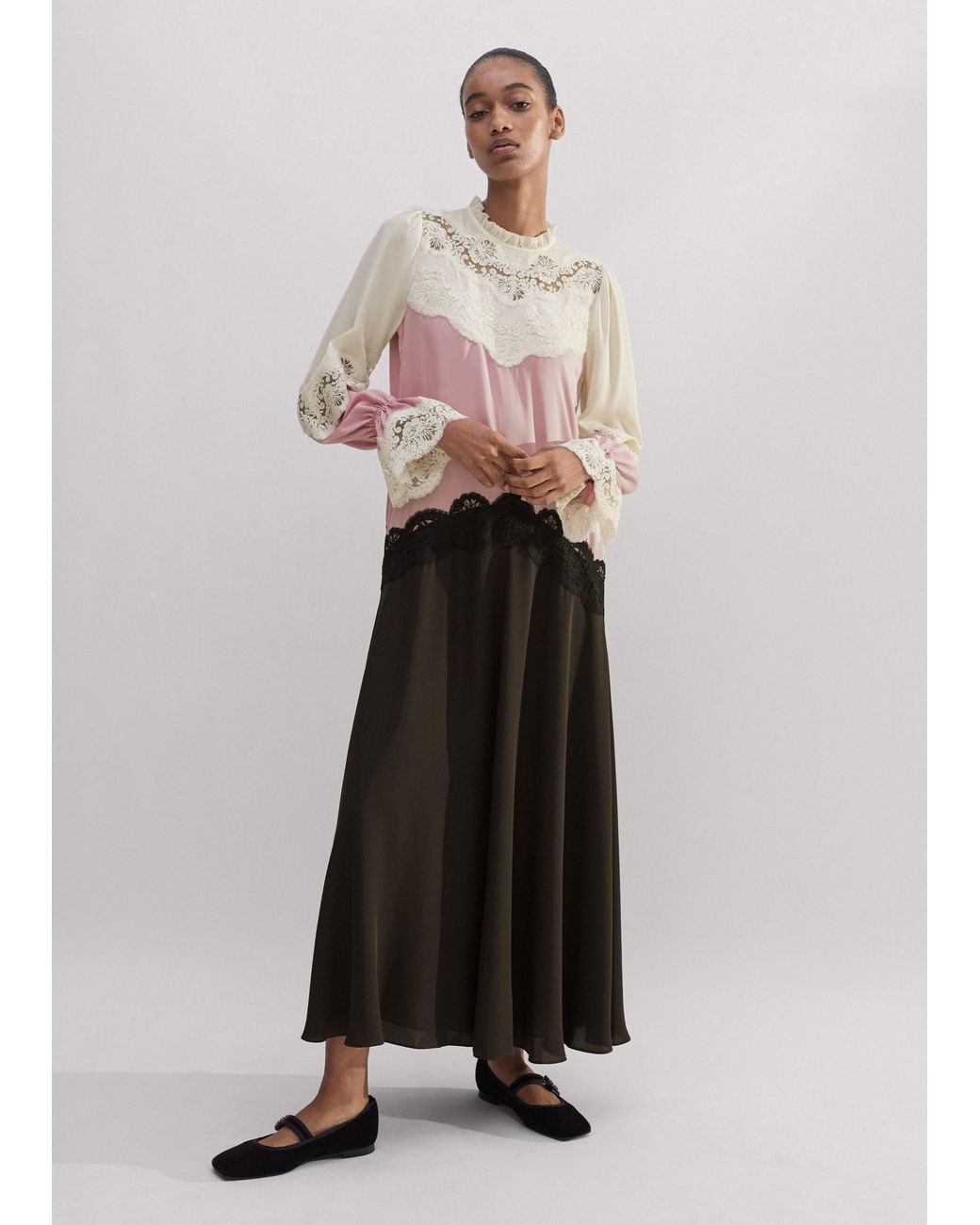 ME+EM Silk Color Block Lace Maxi Dress + Belt in Brown | Lyst