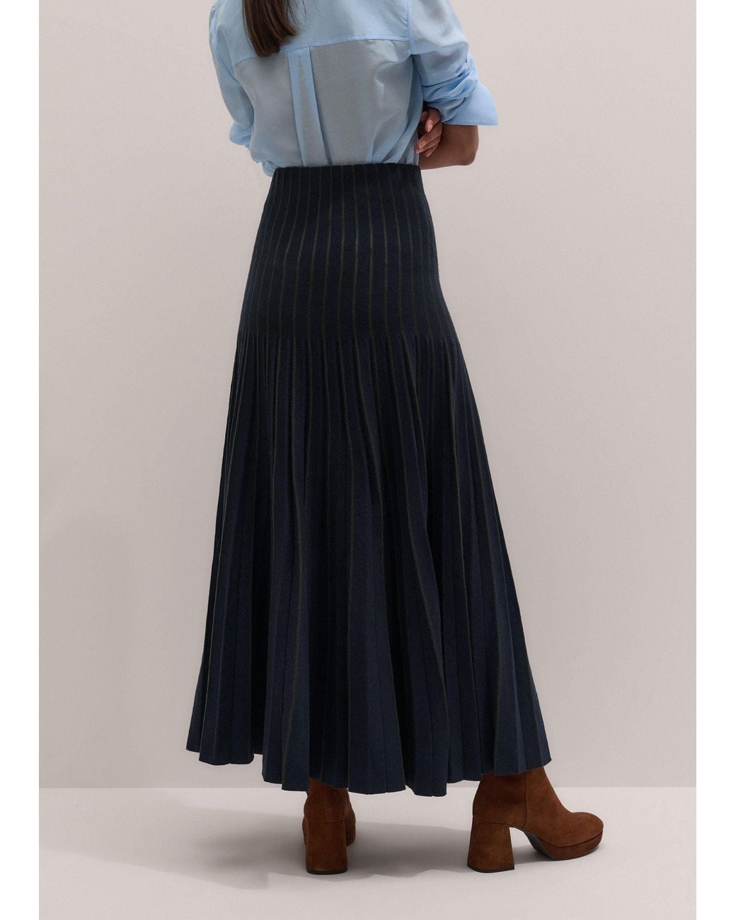 ME+EM Blue Merino Stripe Pleat Knit Maxi Skirt