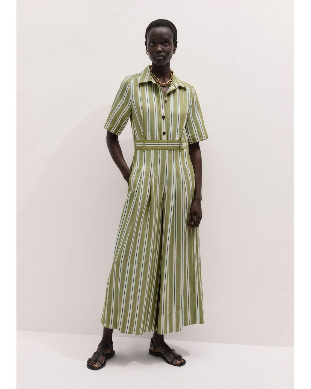 ME+EM Green Stripe Wide Leg Cropped Jumpsuit-Multi