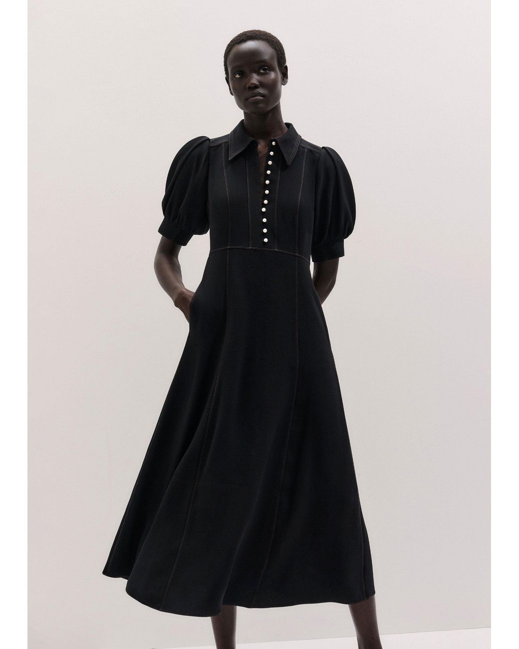 ME+EM Black Contrast Stitch Fit And Flare Midi Shirt Dress