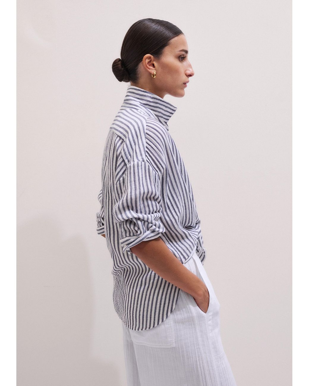 ME+EM Gray Cheesecloth Relaxed Striped Shirt