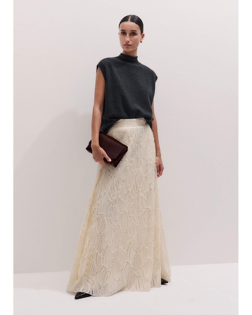 ME+EM Black Ribbon Tulle Fit And Flare Full Length Skirt