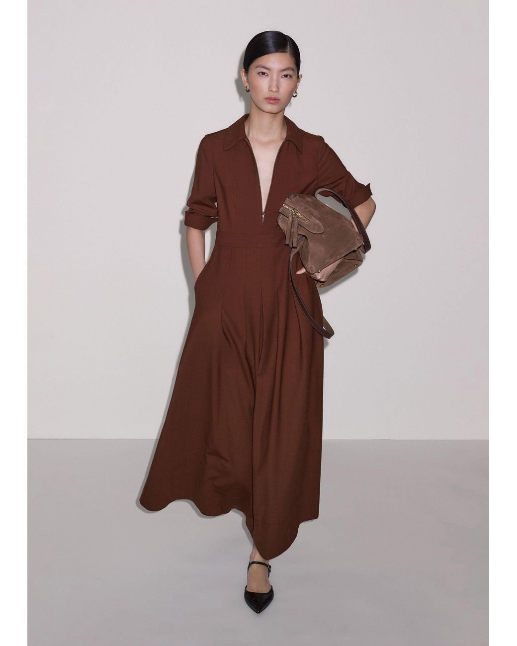 ME+EM Brown Fit And Flare Maxi Shirt Dress