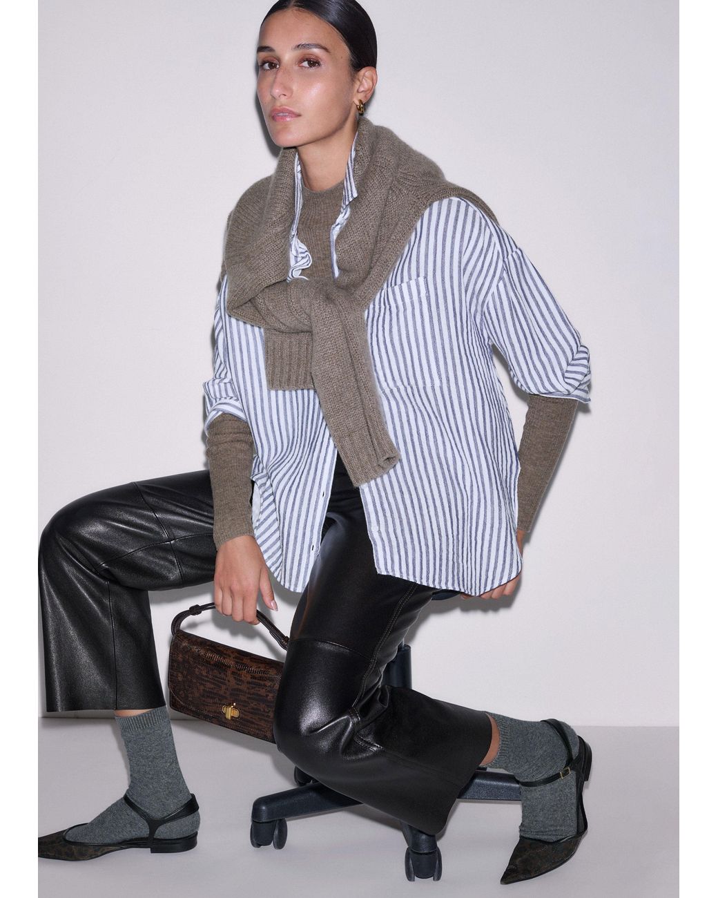 ME+EM Gray Cheesecloth Relaxed Striped Shirt