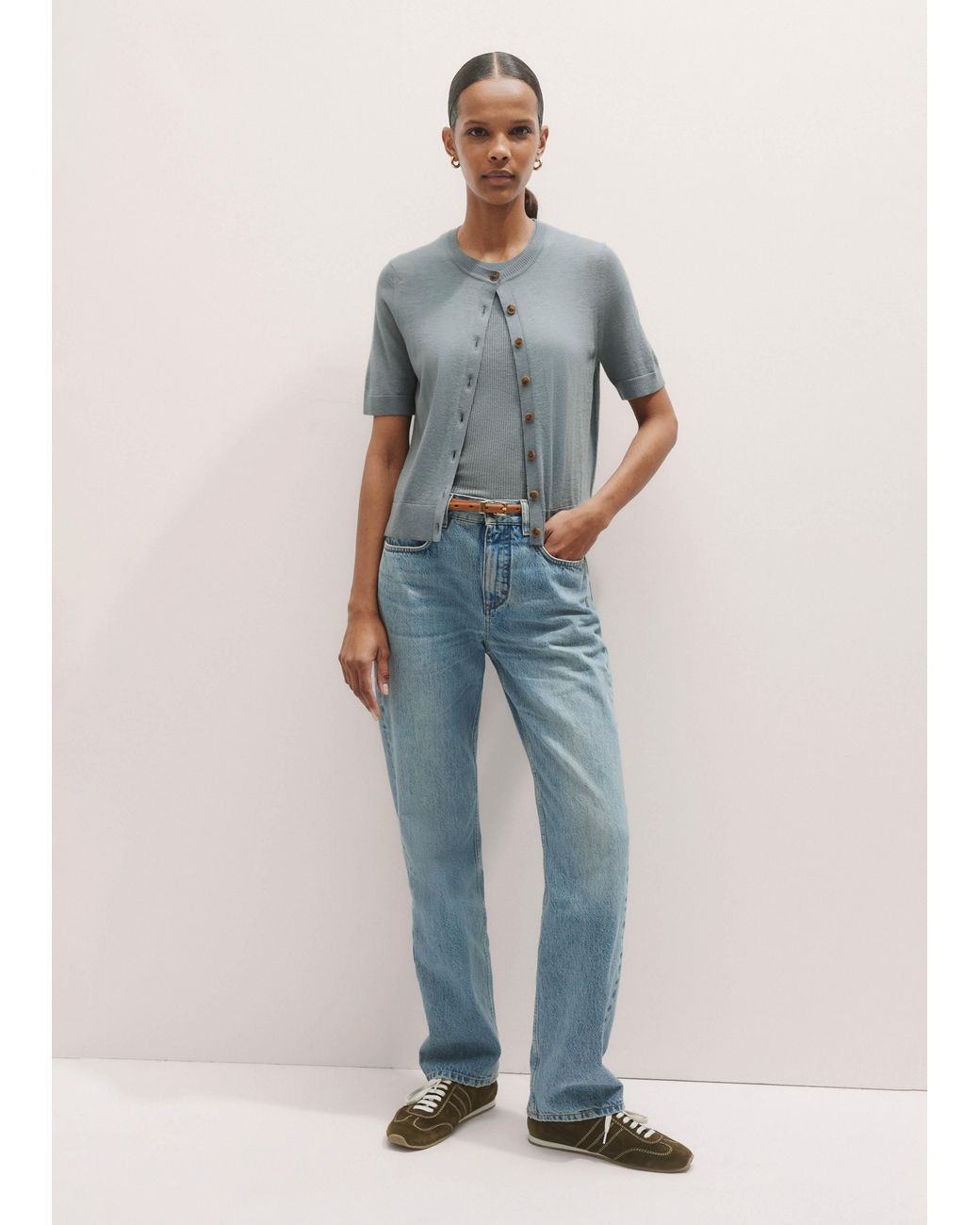 ME+EM Gray Merino Cashmere Barely There Buttoned Knit Tee