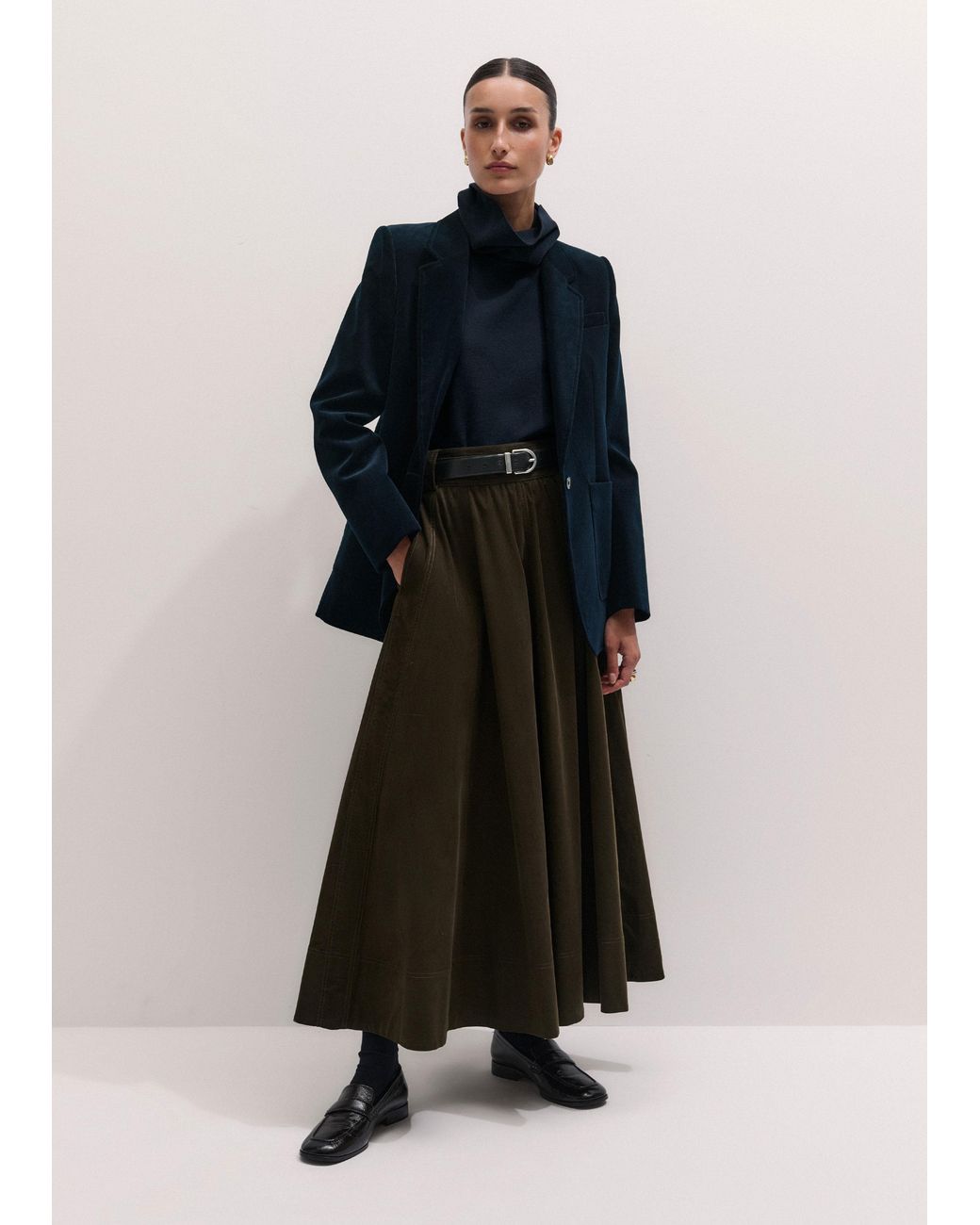 ME+EM Green Micro Cord Maxi Skirt + Belt Rich