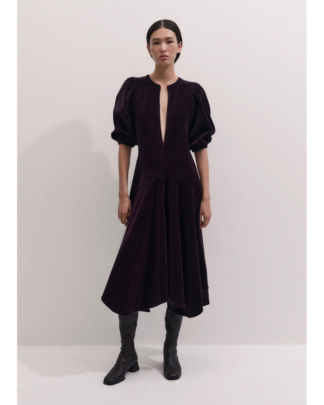 ME+EM Blue Cord Velour Handkerchief Hem Midi Dress