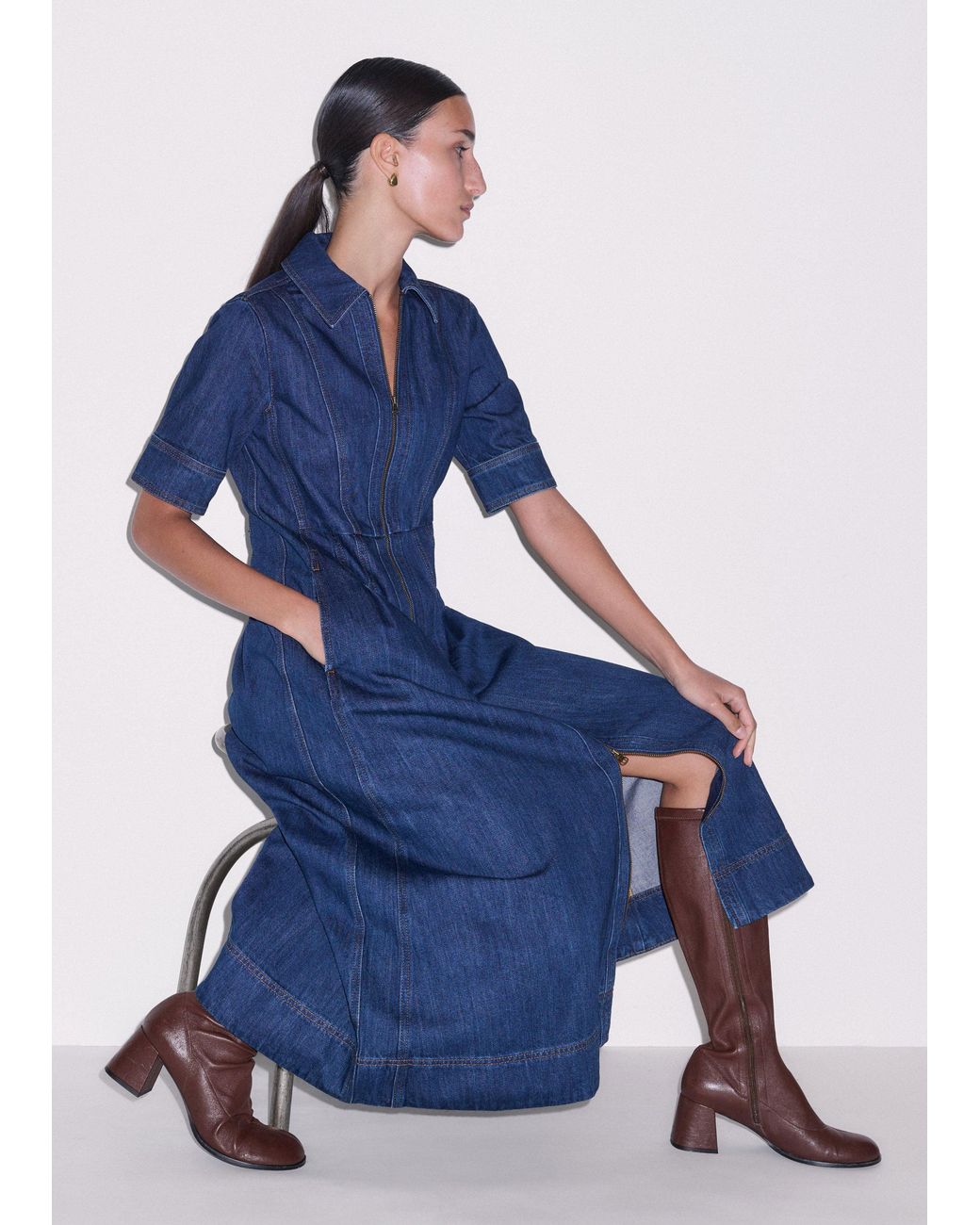 ME+EM Blue Denim Fit And Flare Midi Dress