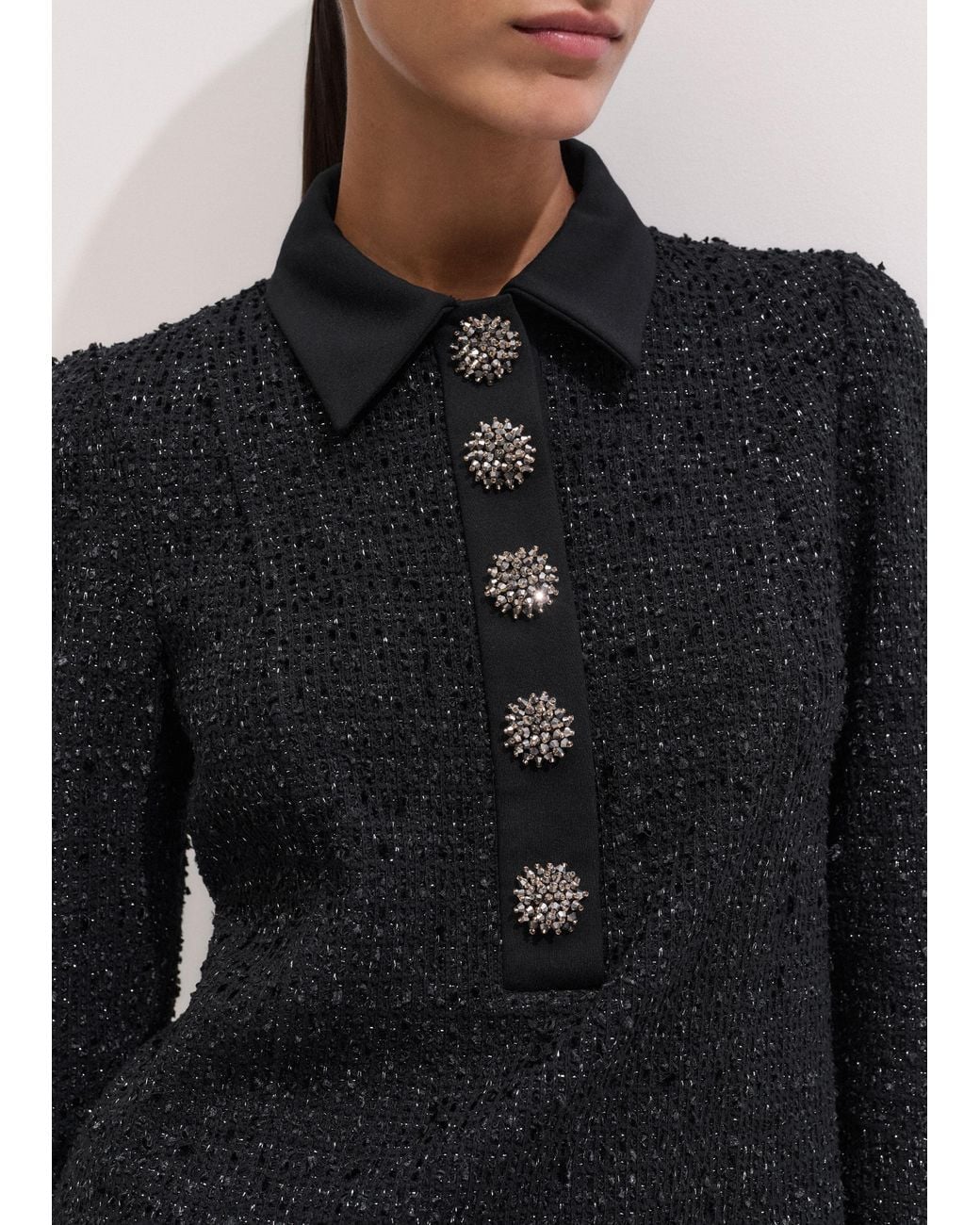 ME+EM Black Lurex Boucle Statement Button Mini Dress