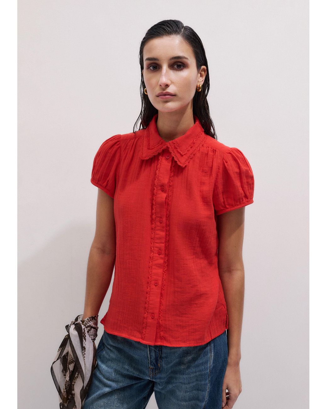 ME+EM Red Cheesecloth Cap-Sleeve Blouse