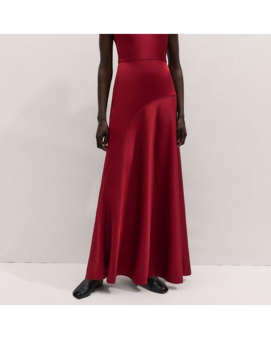 ME+EM Red Satin Colour Tipping Bias Cut Full Length Dress + Belt Pomegranate