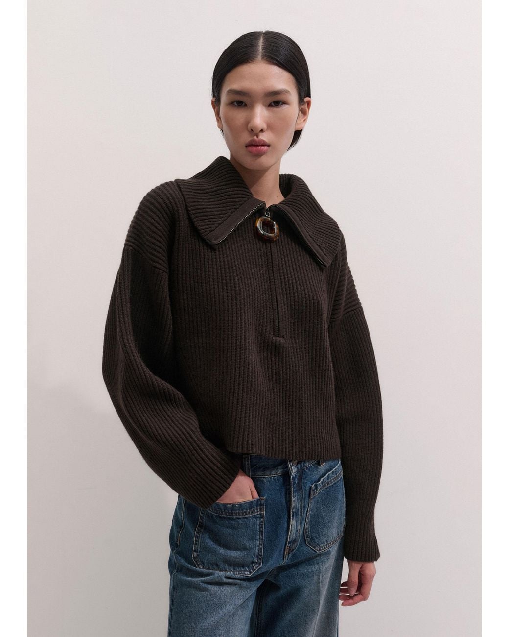 ME+EM Black Sculptural Zip Sweater